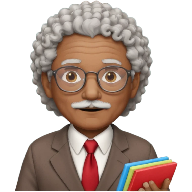 old man teacher, brown skin, curly grey white hai, wearing glasses, brown suit, red tie hold chalk on hand emoji