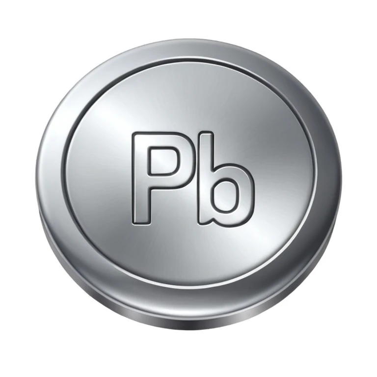 chemical element symbol Pb on a round metallic button, no text except Pb emoji