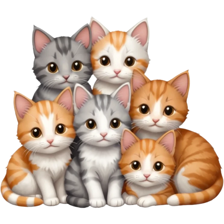 6 tiny kittens cuddling together all various different natural colours including grey and white, ginger and white, calico, grey, and brown tabby and white emoji