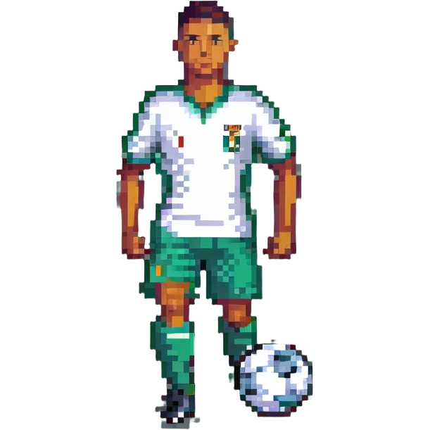 Ronaldo, pixel art style, dribbling a soccer ball emoji