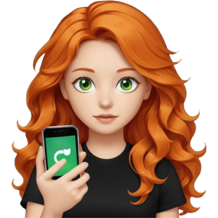 Girl with dark long orange wavy hair, green eyes, and black t-shirt and phone with tiktok app on hand emoji