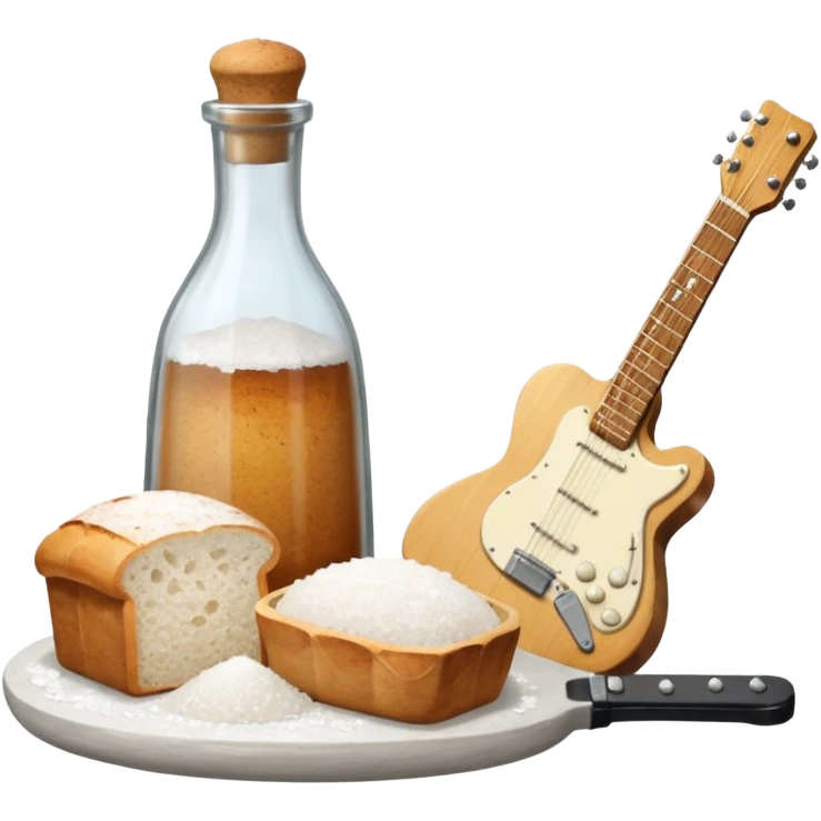 a bottle of salt (salt shaker) and a loaf of peasant bread with a small electric guitar - still life composition emoji