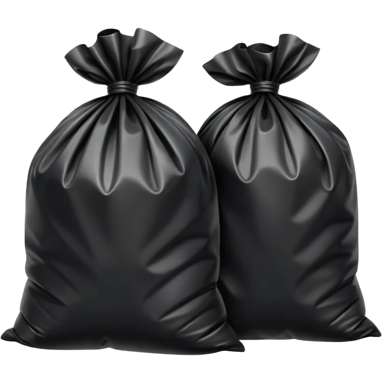 two black trash bags tied at the top, slightly crinkled glossy plastic texture, full rounded shapes, visible knot or twist at the top of each bag, natural folds and bulges suggesting volume, soft lighting, subtle shadows, emoji scale, transparent background emoji