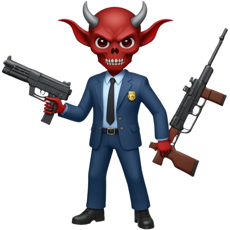 A Demon from hell that is dressed like a fbi agent with a machine gun, full body pointing the machine fun to the left. In the style of your bleeding skull artwork. emoji