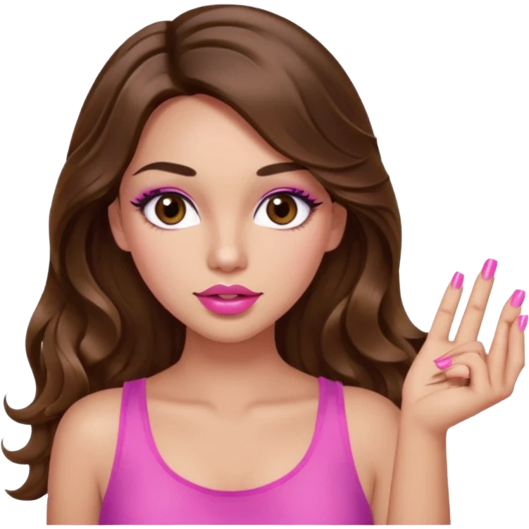 girl with long wavy brown hair, brown eyes, light to medium complexion, in a pink sexy top, pink puckered lips, long lashes, whatever with the hand out emoji