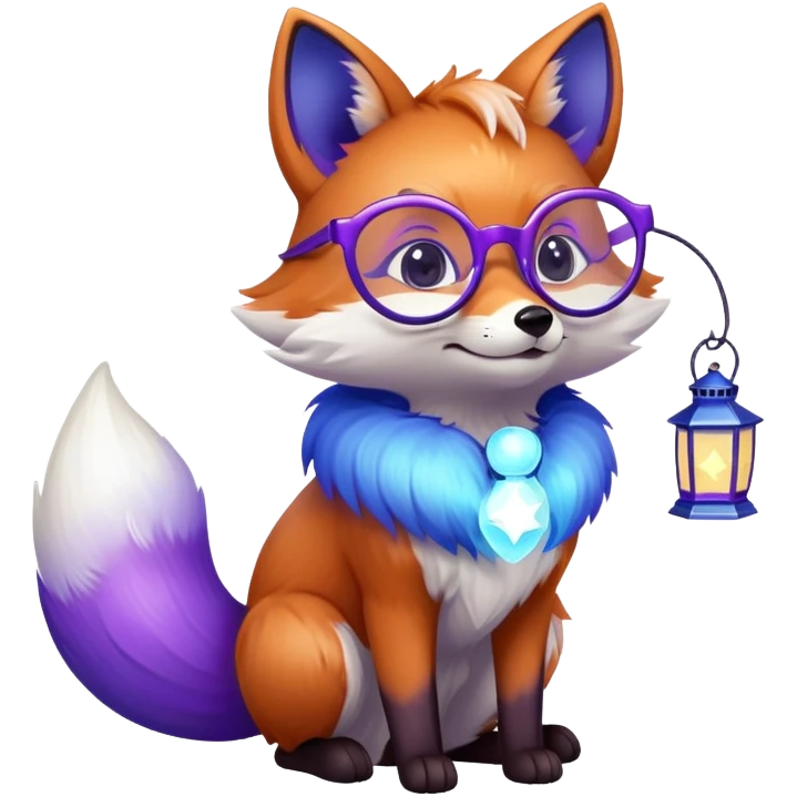 a small magical fox with shimmering purple and blue fur, a glowing fluffy tail, a silver star on its forehead, round glasses, and a tiny lantern. 😂 emoji