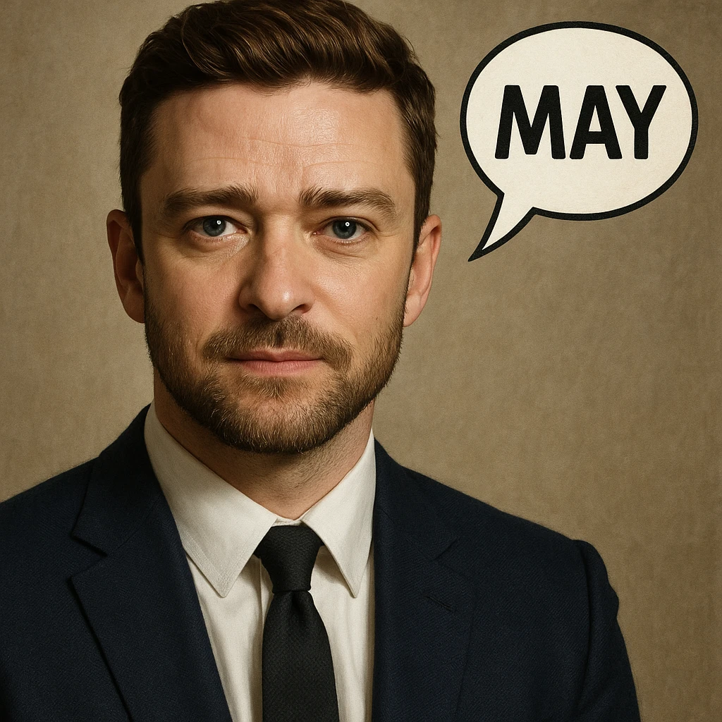 portrait of a Justin Timberlake lookalike with a speech bubble saying 'MAY', realistic style emoji