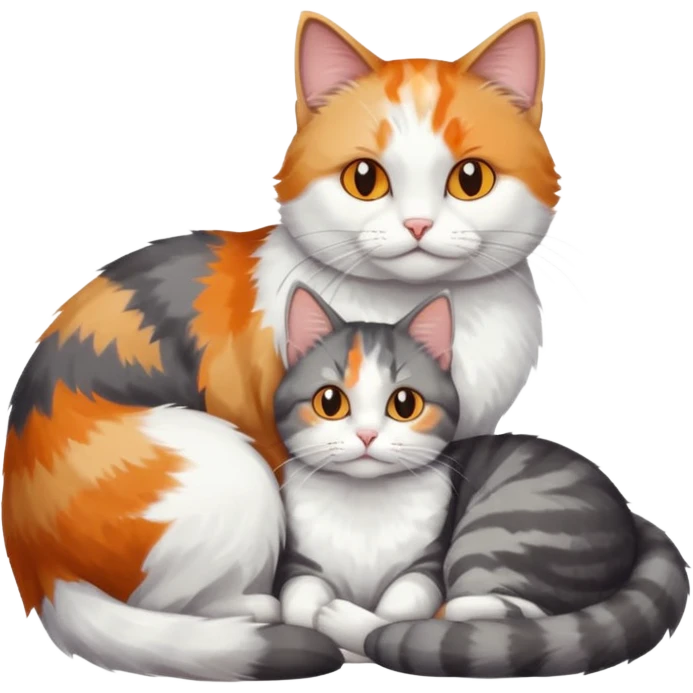 full body colourful light patched calico + white tabby cat cuddling a grey and white cat  emoji