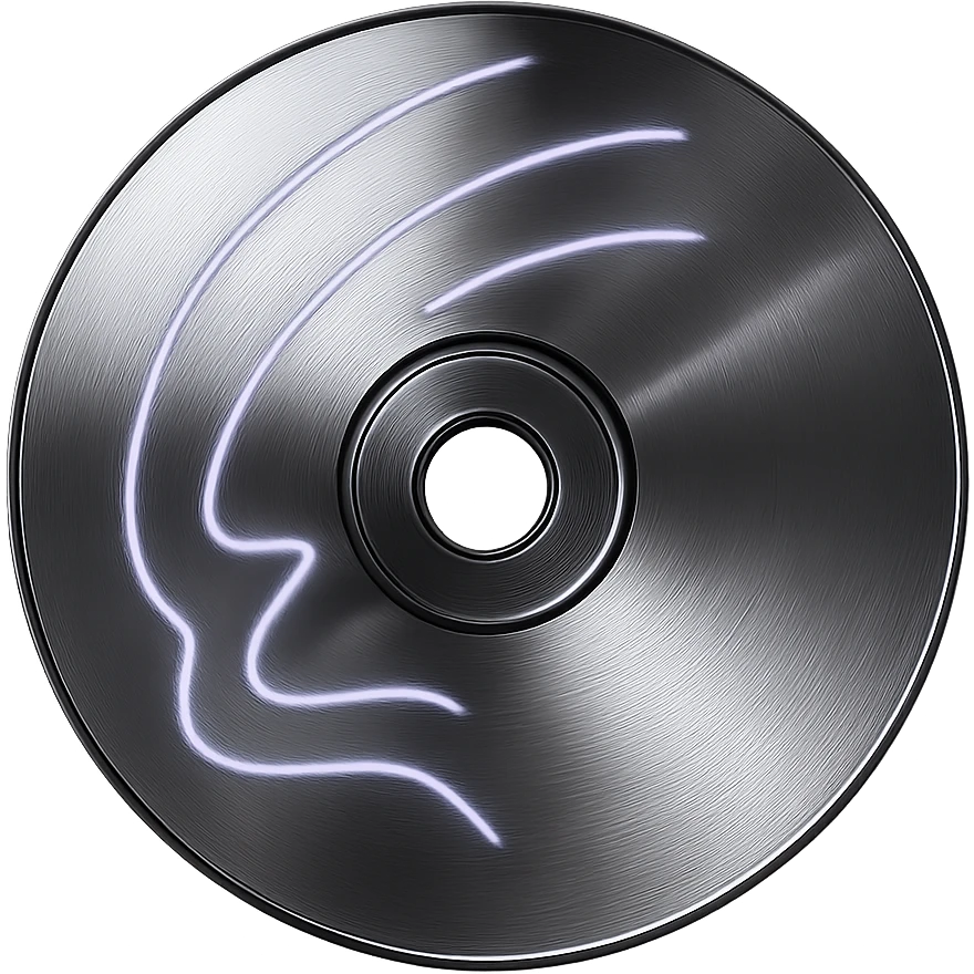 A minimalist CD disc with abstract pattern, glowing effect, purple color emoji