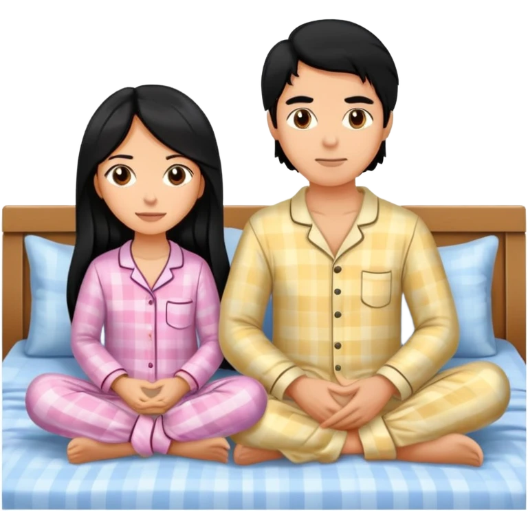 A man with black hair and a woman with long hair are sitting on the bed in pajamas emoji
