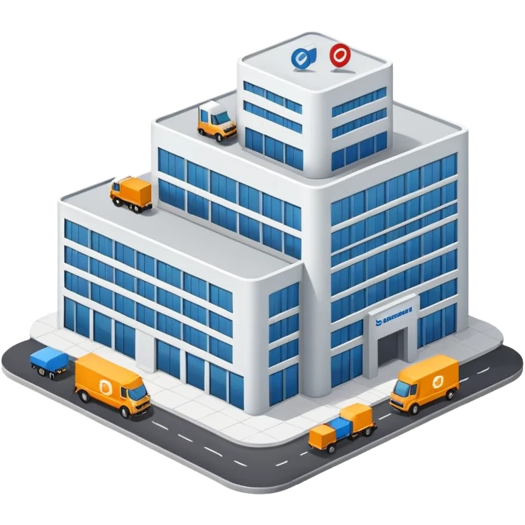 large building with delivery trucks, representing a Versandzentrum (shipping center) emoji