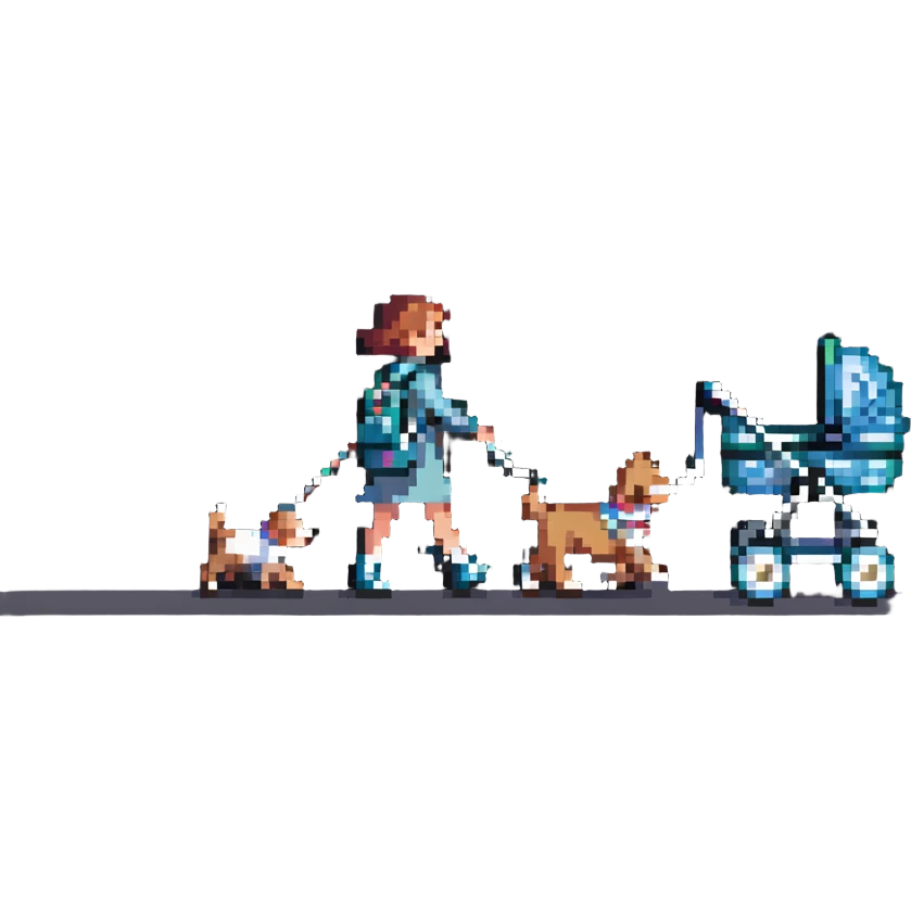 girl walking with a stroller and dog on a leash emoji
