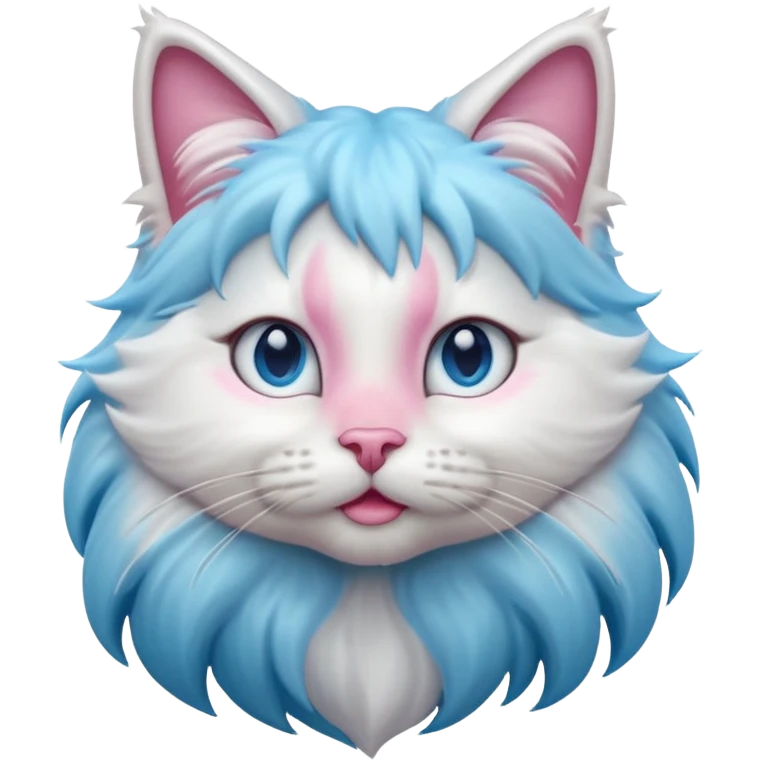 A cute fluffy long-haired cat face emoji, grey and white bicolor fur, thick white mane around the neck, stunning icy blue eyes, pink nose, long whiskers, looking up slightly, soft lighting, 3D Apple style emoji, high detail. emoji