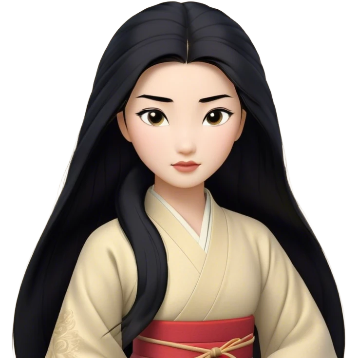 Cinematic Realistic Mulan Portrait, depicted with lifelike skin texture, soft natural lighting, and intricately detailed long black hair styled elegantly. Her deep, expressive eyes exude determination and grace, complemented by a serene yet confident expression. She is dressed in her classic attire, with rich fabric textures and delicate folds that catch the light beautifully. The portrait features a soft, enchanting glow with a natural, radiant finish, capturing the essence of timeless strength and beauty in a realistic and painterly style, evoking a sense of depth and authenticity. emoji