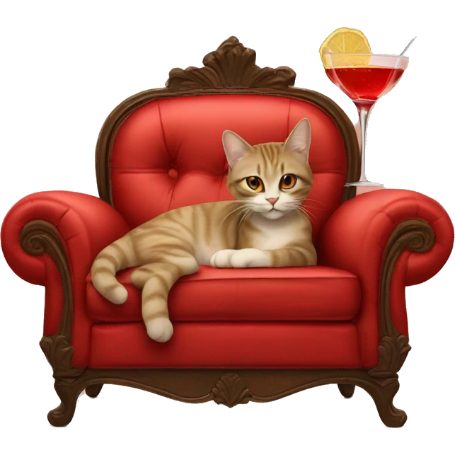 cat laying on vintage red sofa holding a fancy cocktail in its paw emoji