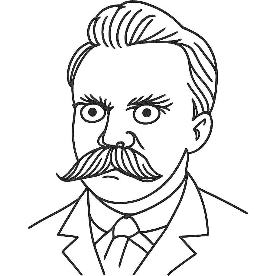 a hand drawn black outline portrait of philosopher Friderich Nietzsche with similar-sized eyes based a famous portrait of him emoji
