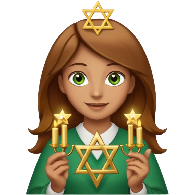 White but tan person with lightish brown hair girl has green eyes and holding the Star of David and a menorah looking at it smiliing emoji