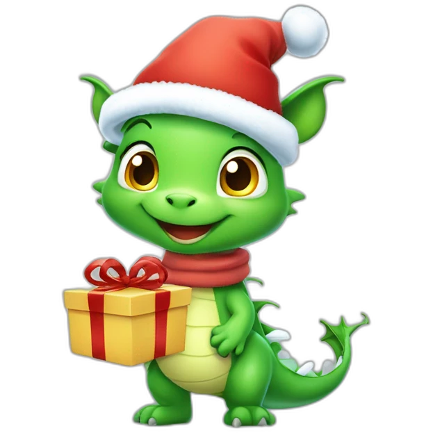 happy little green cartoon dragon of child, in winter, in work pants, in work clothes, in winter boots, in a Santa Claus hat, New Year, with presents emoji