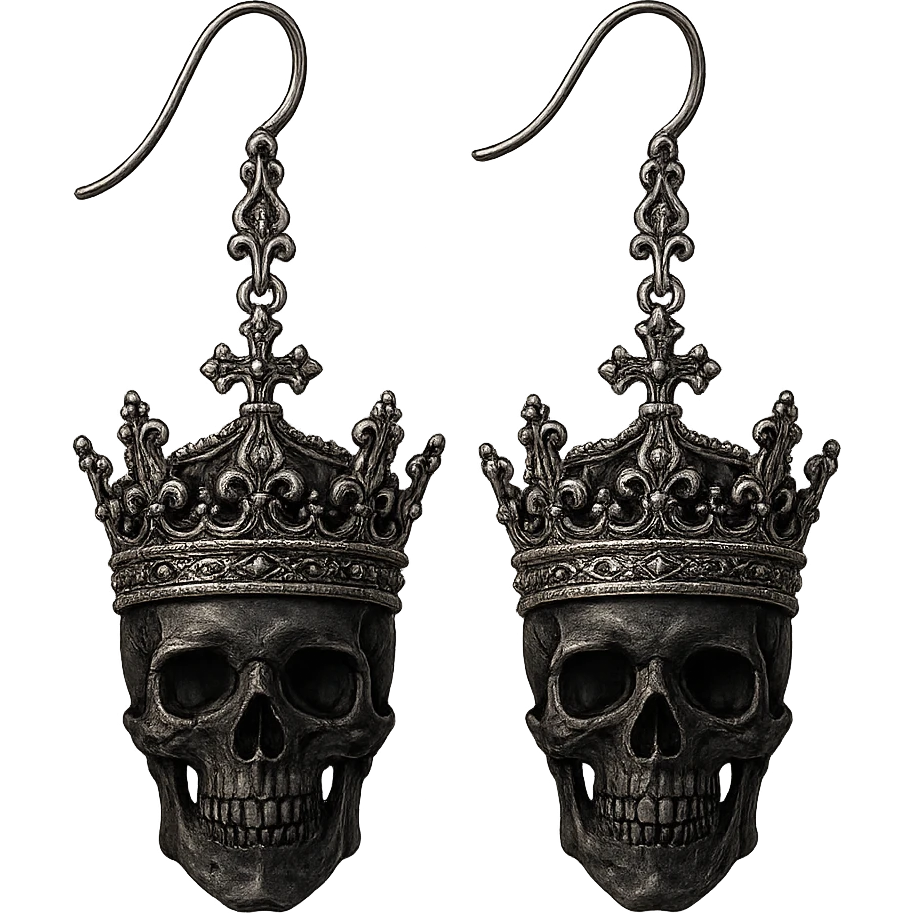 goth earrings, black skull with silver crown, regal gothic style, detailed, intricate emoji