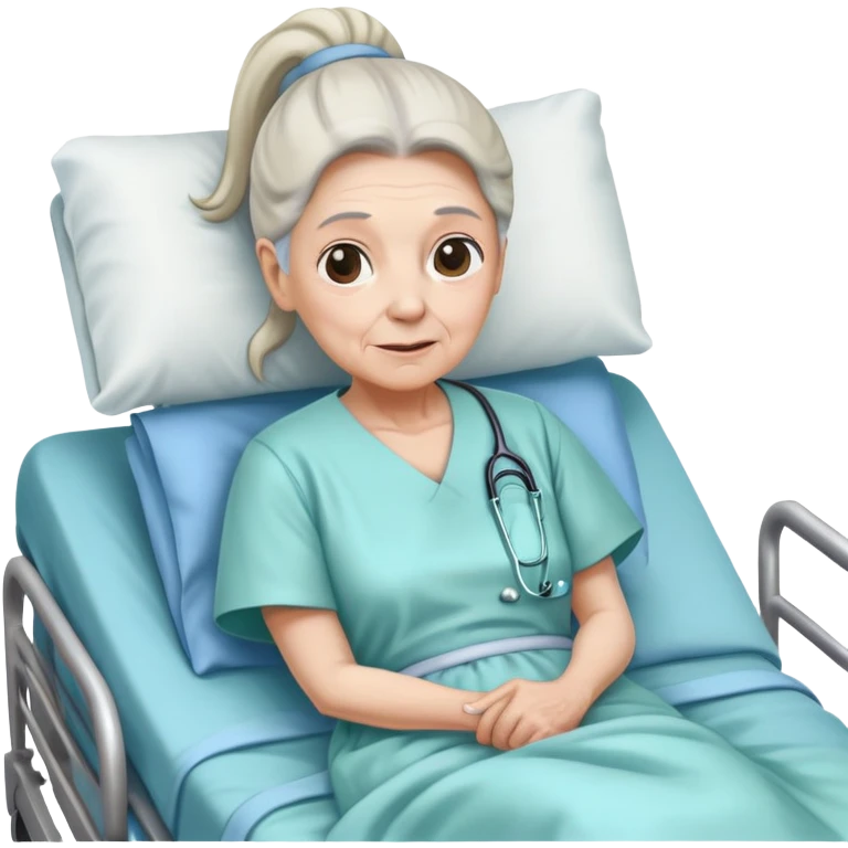 old woman with pony tail in hospital bed emoji