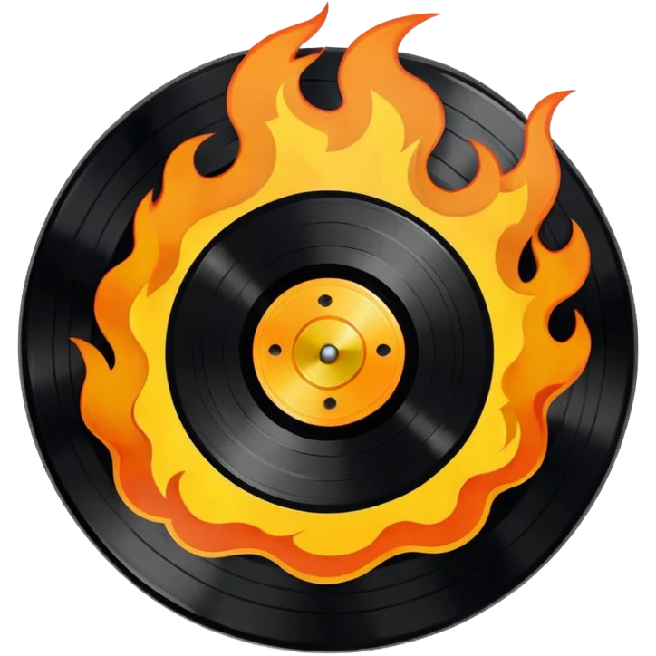 a black vinyl record white sticker and flames  emoji