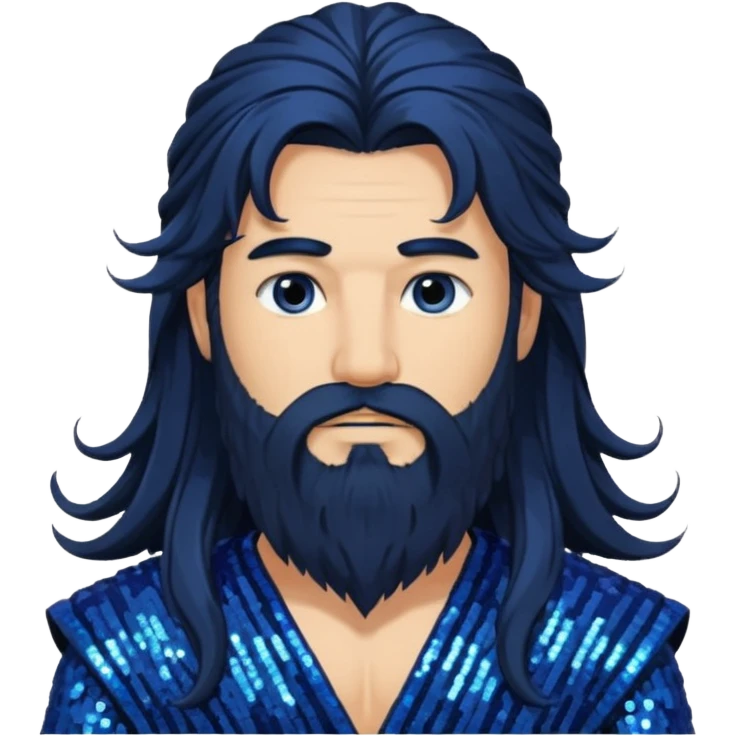 Boreas, God of North Wind from Gods and Goddesses with long black shaggy hair and beard, deep blue sequin outfit emoji