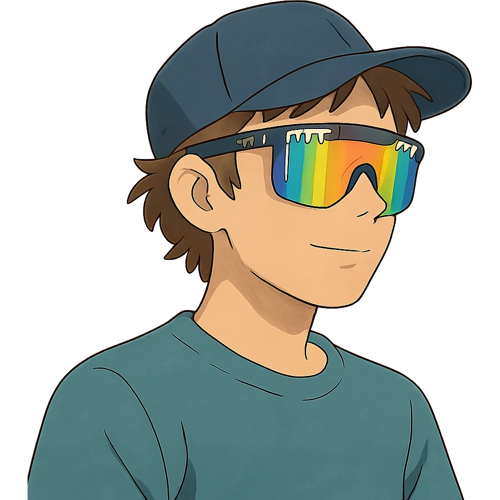 ghibli style guy with brown hair, baseball cap, wearing polarized Pit Viper glasses emoji