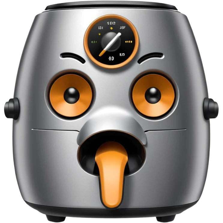 An air fryer with the knobs and handles made to look it's eyes, nose and mouth, hysterically crying with laughter emoji