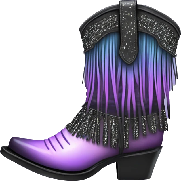 Realistic pastel purple to black ombre pair of fashion cowgirl boots with sparkly shiny glitter fringe on them. emoji