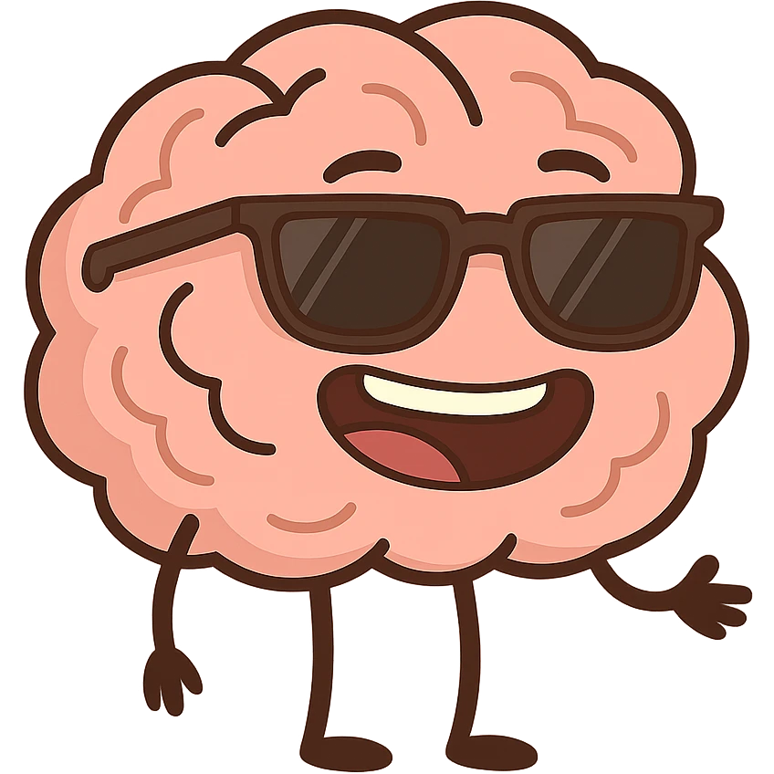 cartoon style icon of a brain wearing sunglasses, smiling, emoji for chat emoji