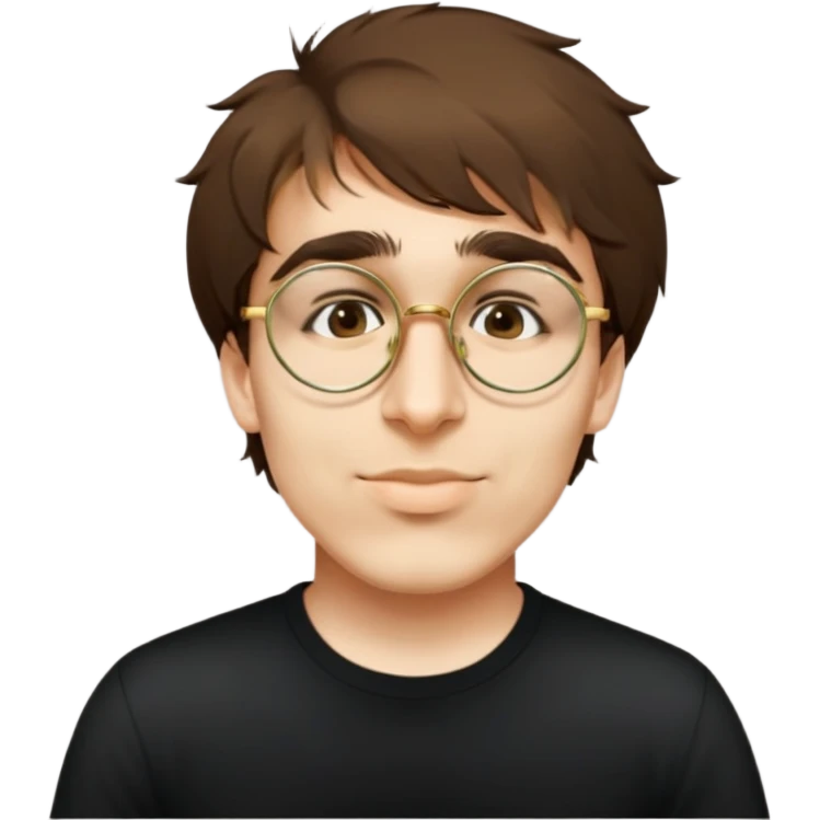 male, round gold glasses, black tshirt emoji