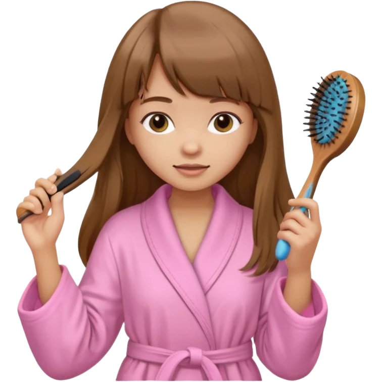 a girl with light skin and medium brown long hair with bangs who is brushing her hair with a hairbrush and she is wearing a light pink bathrobe emoji