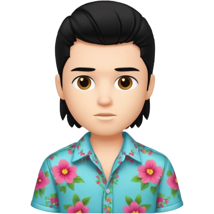 generate a pretty bratz fair skinned boy with a mullet black hair wearing a floral shirt emoji