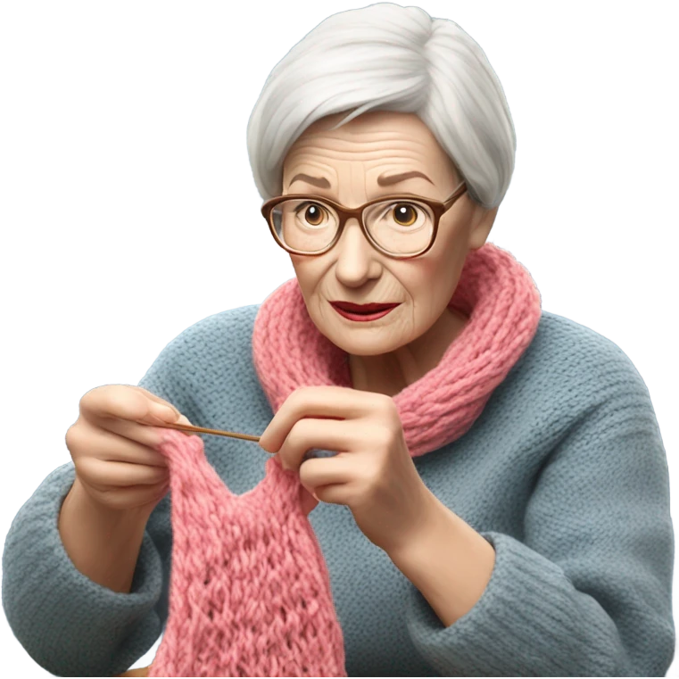 Create a 3d hyper realistic photo of a senior woman knitting  emoji