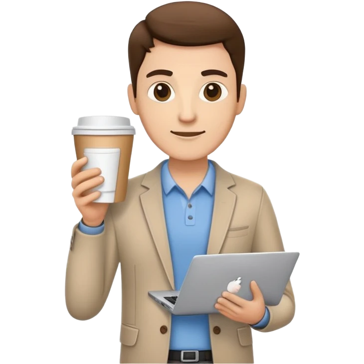business owner confidently, holding a closed laptop in one hand and a takeaway coffee cup in the other. The character wears casual-smart clothes. emoji