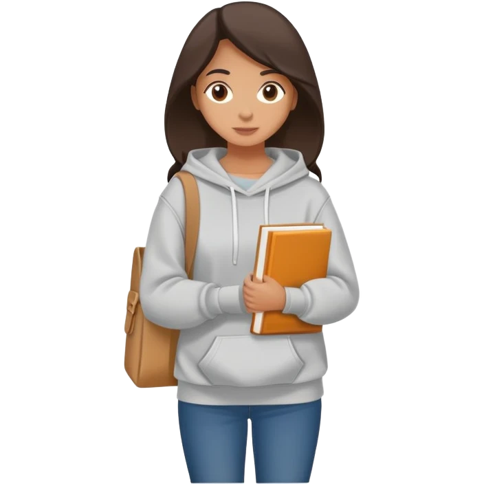 A flat-style illustration of a woman college student with a tote bag over the shoulder and a book in one hand. The student wears a hoodie. Clean cartoon style, white background, iOS emoji aesthetic. emoji