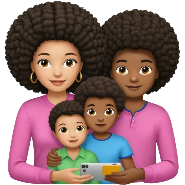 Polaroid photo with a dark woman with an afro hairstyle and a green blouse, two children: a boy with straight hair and a blue shirt, and a baby girl in a pink shirt. All are smiling. emoji