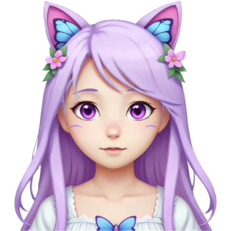 female anime character with pink eyes long white hair and periwinkle highlights and cat ears on her head. She is wearing a white dress with purple flowers and butterfly. emoji