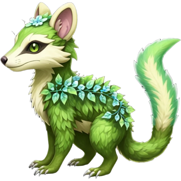 Sharp swampy realistic mossy grassy elemental ivy floral detailed Colorful translucent luminescent glowing Trico-Sergal-Furret-Ferret-Wolverine-Vernid-furry-fursona-fusion-Fakemon-animal-hybrid-creature, full body emoji