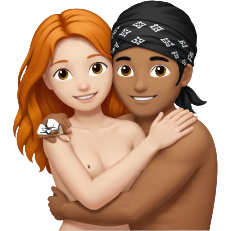 Brown guy with black hair with bandana on his head naked hugging a white girl with long ginger hair naked emoji