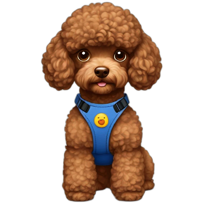Brown-toy-poodle-with-teddy-bear-haircut-with-dark-blue-harness emoji