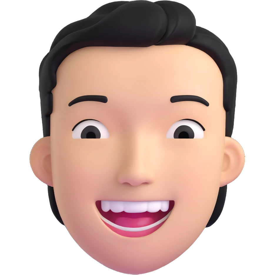 Asian man with a semi-open mouth, smiling emoji