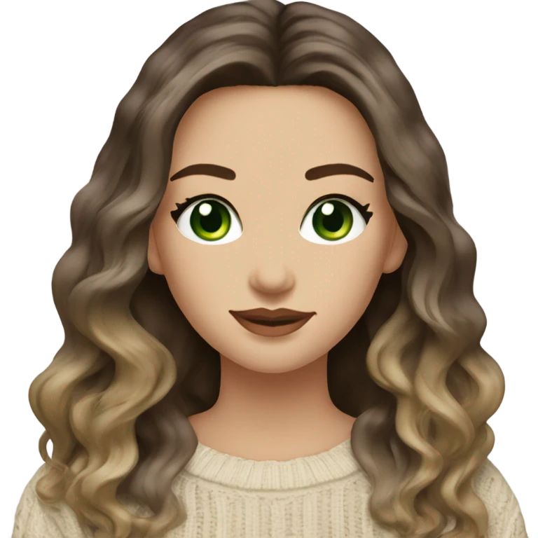 Brunette balayage long hair white women beige sweater with green eyes  emoji