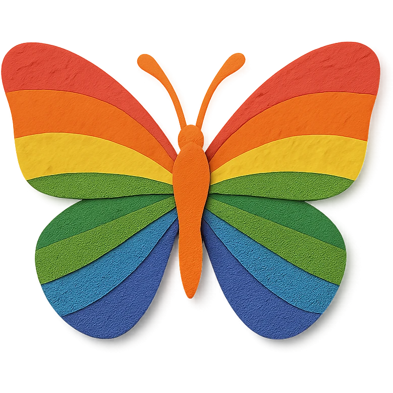 a butterfly in paper craft style, layered paper, rainbow pride colors, handmade look emoji