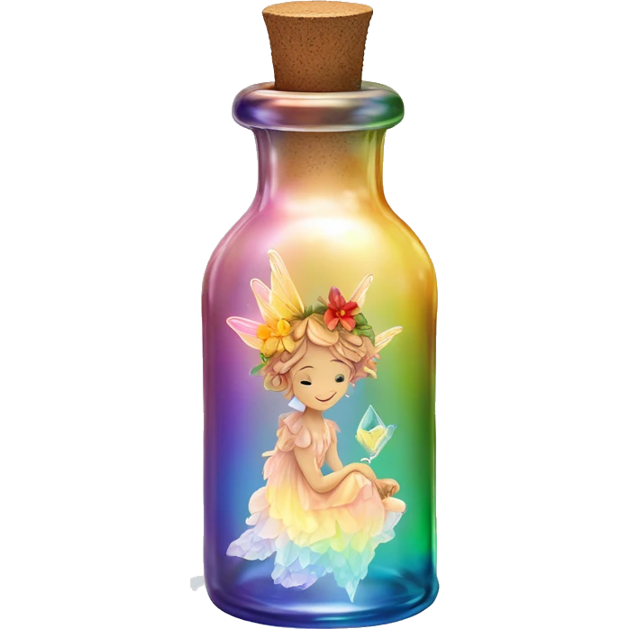 Antique oil bottle made of crystal glass of all gentle colors of the light rainbow, a living flower fairy sits at the bottom of the bottle emoji