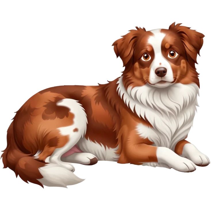 Red merle Australian Shepherd dog laying down, copper and white spotted coat, relaxed pose emoji