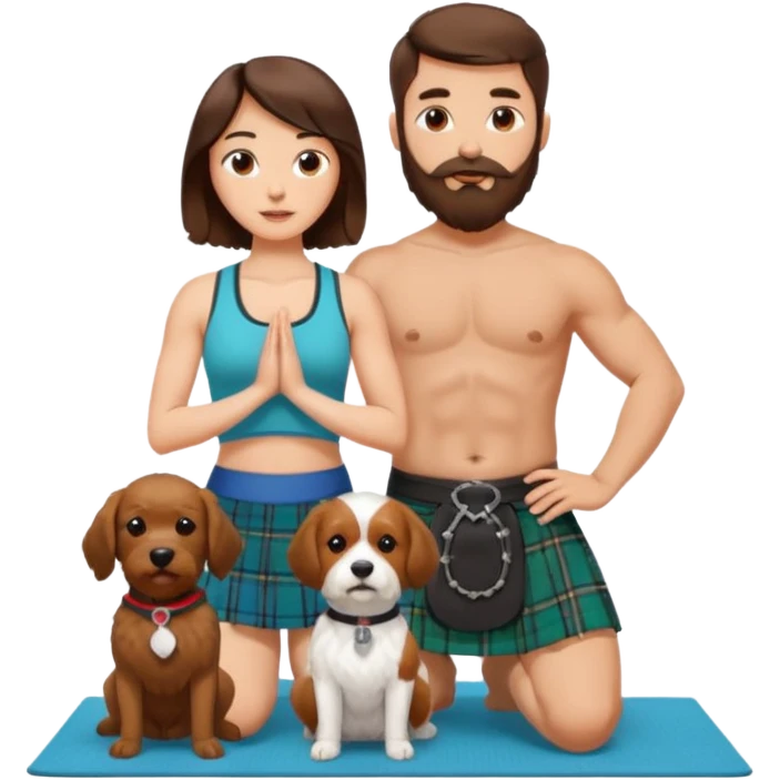 emoji of brunette man with beard wearing kilt, brunette woman in yoga outfit and white cockapoo dog emoji