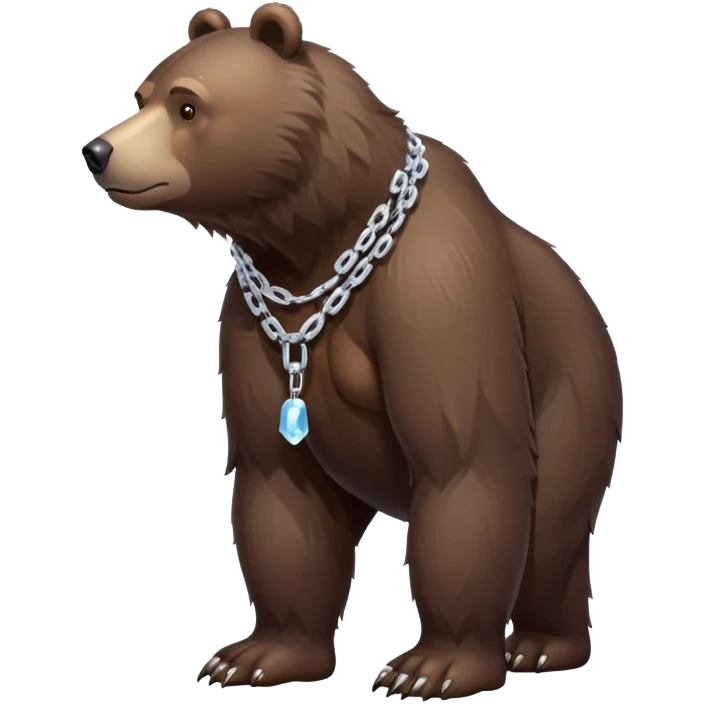 Dark brown bear in a slight walking pose, full body view on all four legs, realistic fur detail, serious expression, ice chain around neck emoji