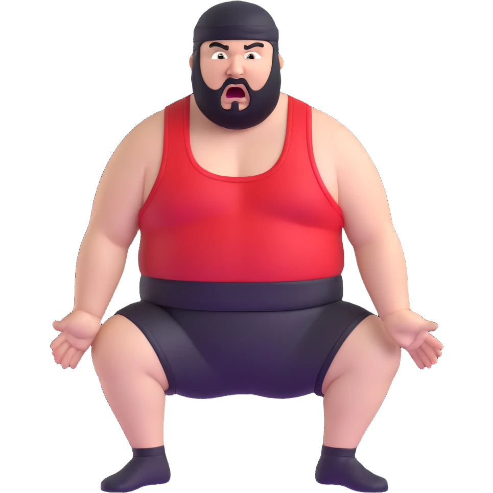 Extreme close-up of face of morbidly obese white skin guy with young face, prominent BLACK DURAG tied clearly on head, black beard but no mustache, clean shaven upper lip, black eyes in a red and black wrestling singlet with mouth wide open screaming angrily emoji