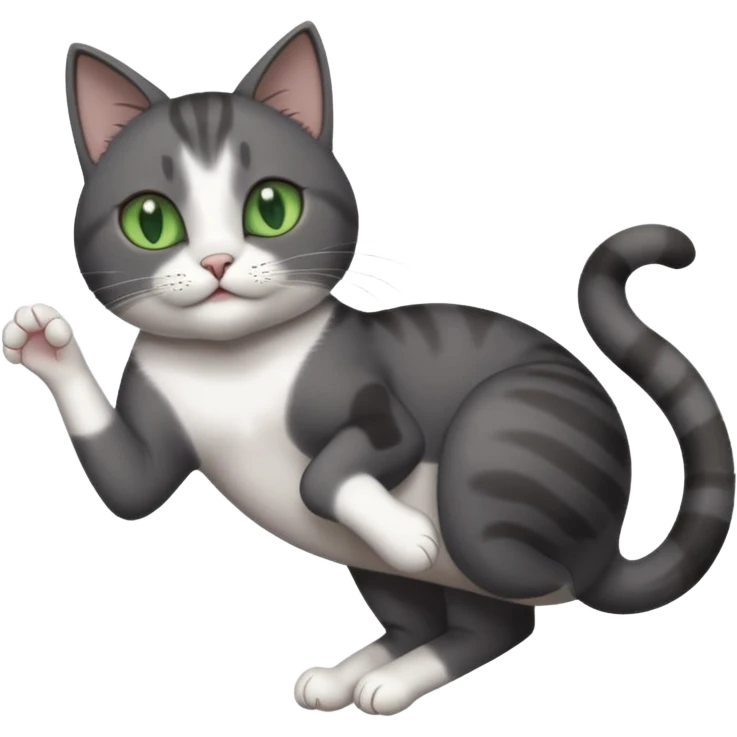 dark grey cat with green eyes, white toes/paws and white patch on her chest playfully rolling upside down emoji